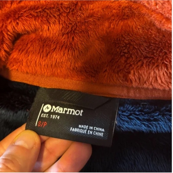 Marmot blue and burnt orange high-pile sherpa fleece half zip hood jacket EUC - Picture 7 of 12